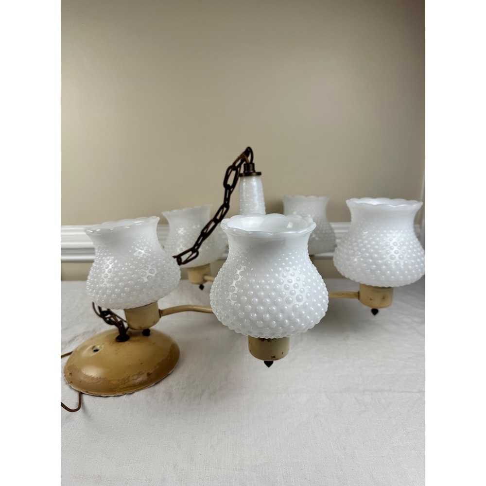 Vintage 5 Light Hobnail Milk Glass Chandelier White Scalloped Shade Cream Metal